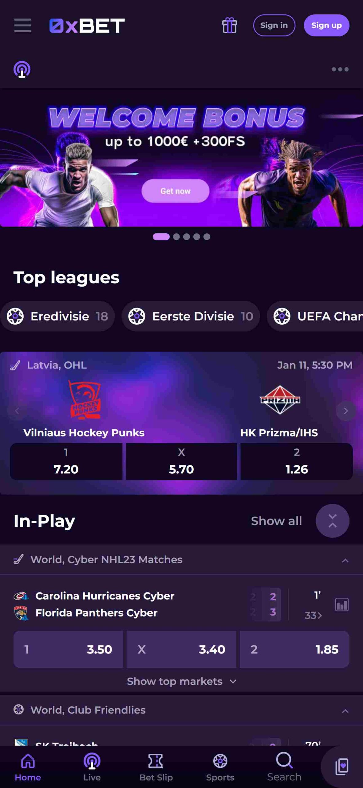Schermafbeelding van de 0xbet app interface op een telefoon, met weddenschappen en casino-spelen