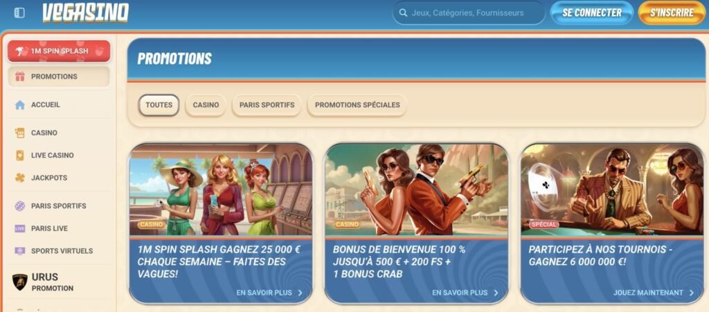 Interface technique de la page de connexion et d'inscription Vegasino montrant les champs de saisie et les sécurités