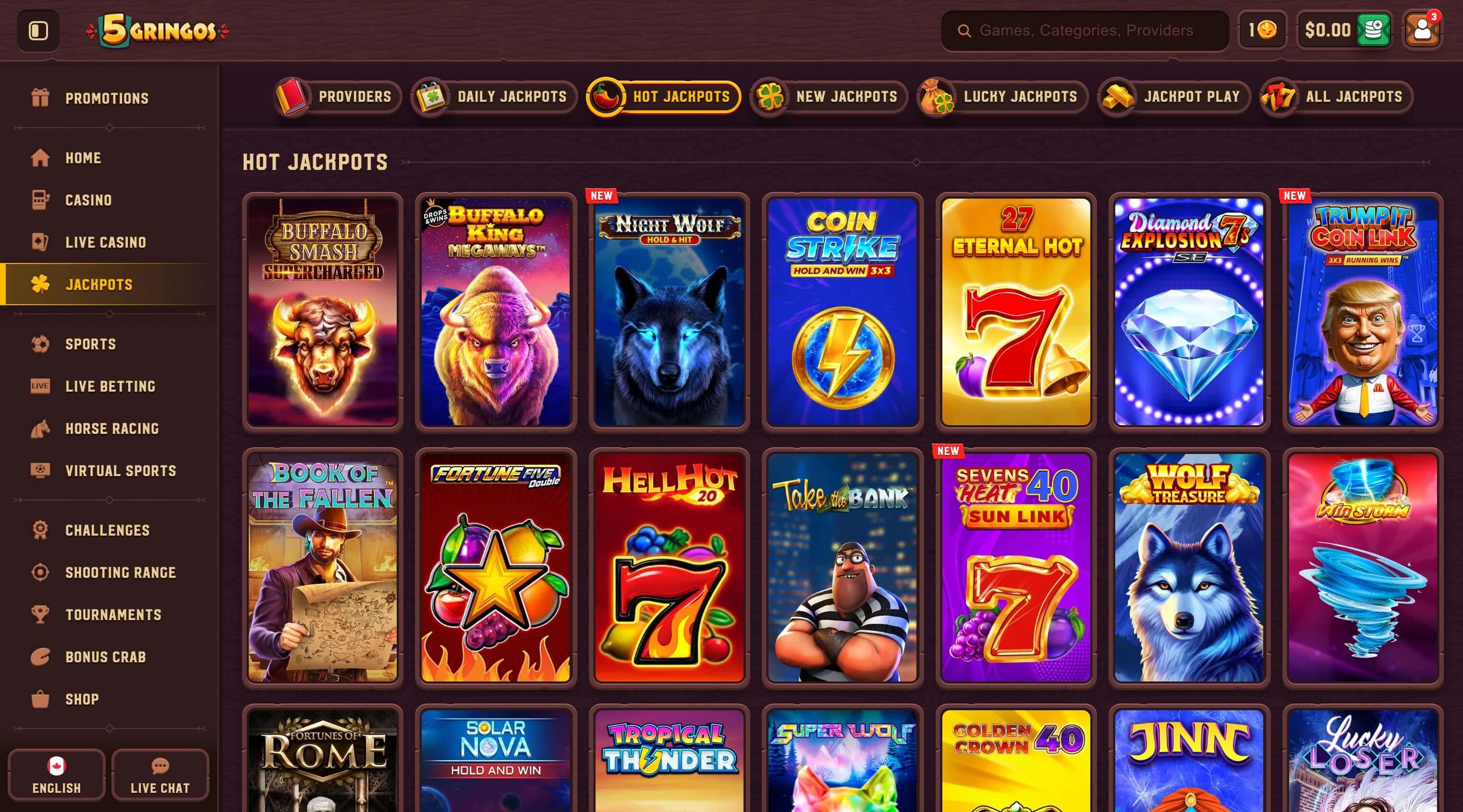 Screenshot der 5Gringos Casino Lobby mit Spielautomaten und Menüführung