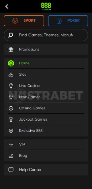 Interfaz principal de 888casino