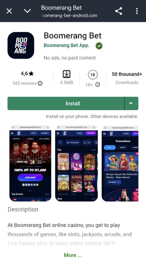 Screenshot der Boomerang Casino App Installationsseite auf einem Smartphone