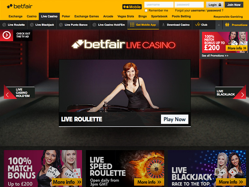 Interfaz de Betfair Casino