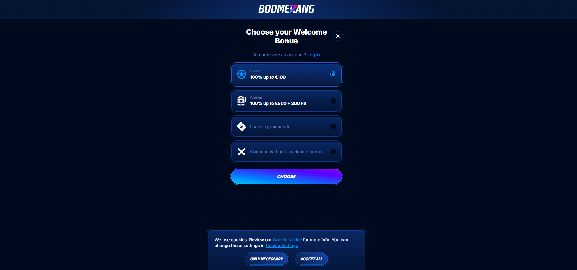 Technische Darstellung des Boomerang Bet Welcome Bonus in der Spielerlobby nach erfolgreichem Login