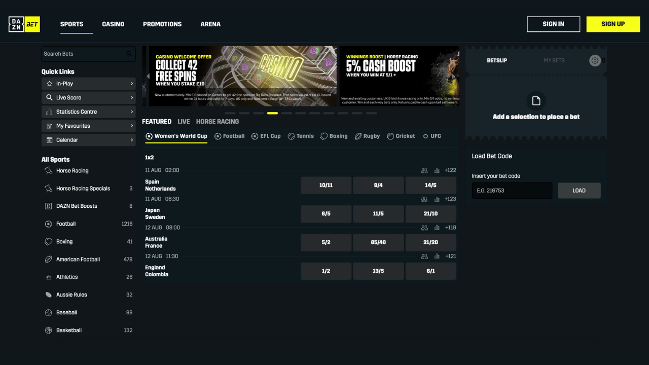 Interfaz principal de Casino daznbet mostrando eventos en vivo y juegos de casino