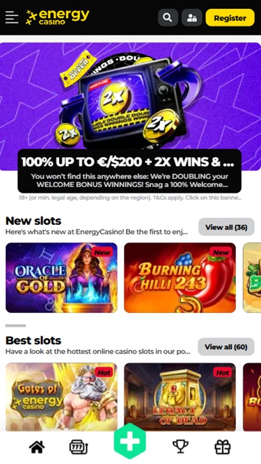 Képernyőkép az Energy Casino mobilalkalmazás főoldaláról