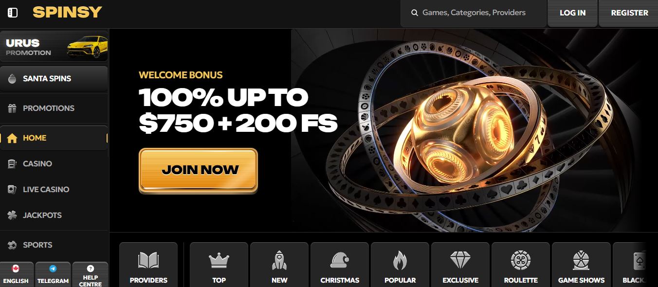 Interface de Spinsy Casino