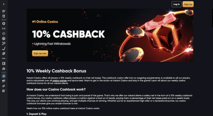 Interface du lobby de jeu Instant Casino montrant les machines à sous et les promotions