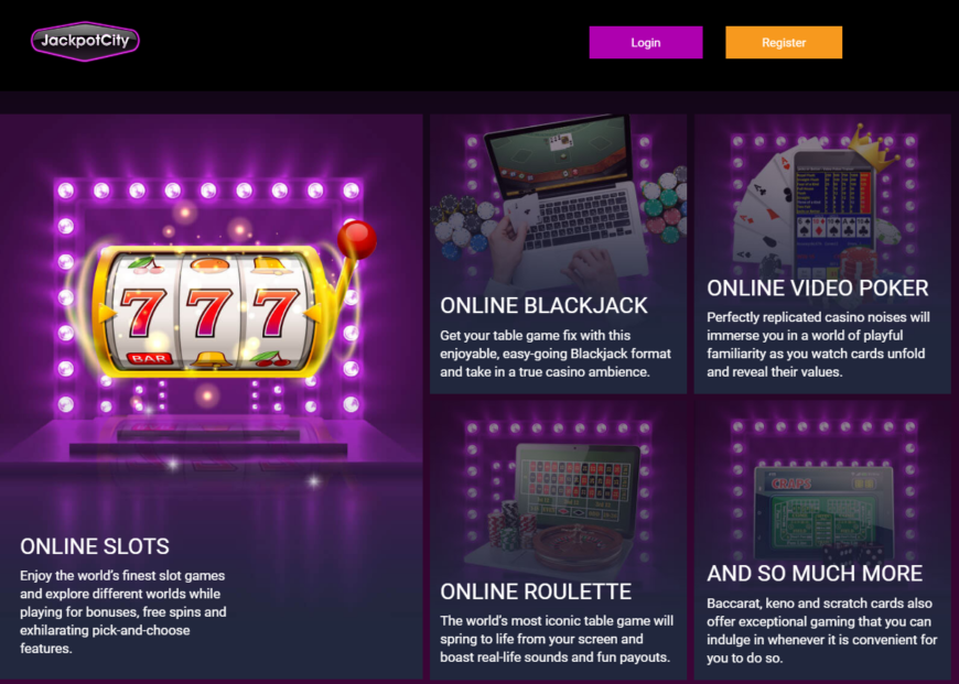 Jackpot City casino games interface showcasing slots and table games