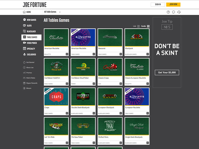 Screenshot of Joe Fortune online casino homepage showing game lobby and promotions