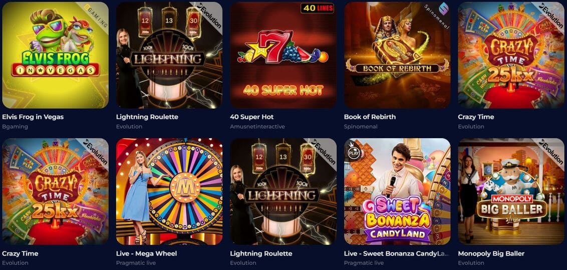 Schermata dei giochi di Nine Casino