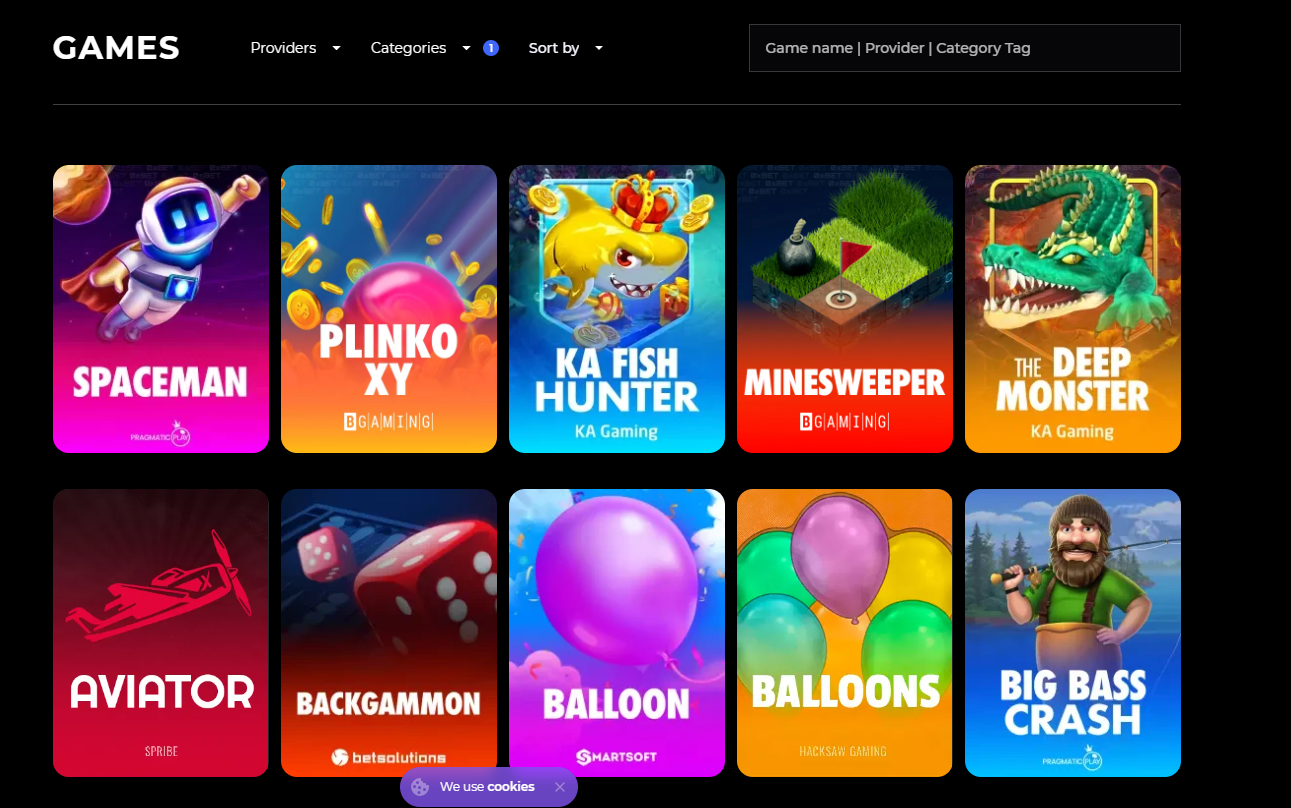 Screenshot van de 0xbet app interface met spellenoverzicht