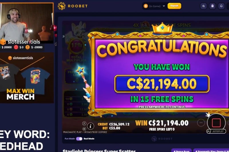 Ekran przedstawiający dużą wygraną na RooBet