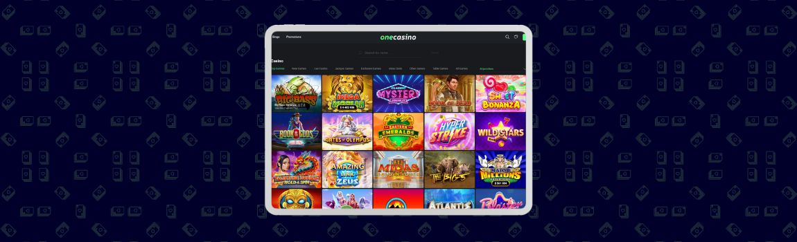 Screenshot of One Casino promotional interface showing bonus offers and game lobby