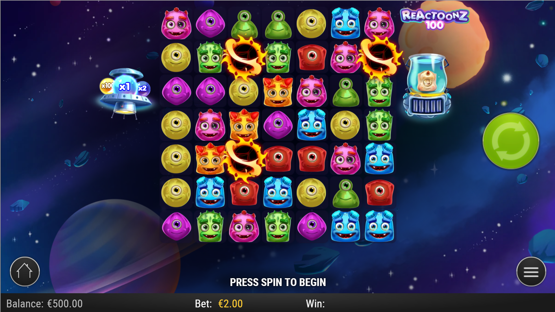 Reactoonz slot interface showing colorful symbols and gameplay features