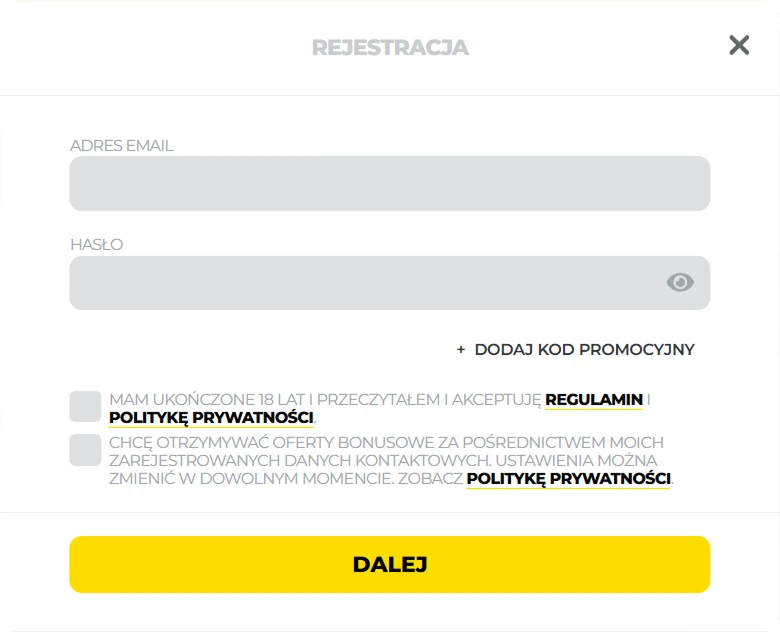 Formularz rejestracji Energy Casino z podświetlonymi polami