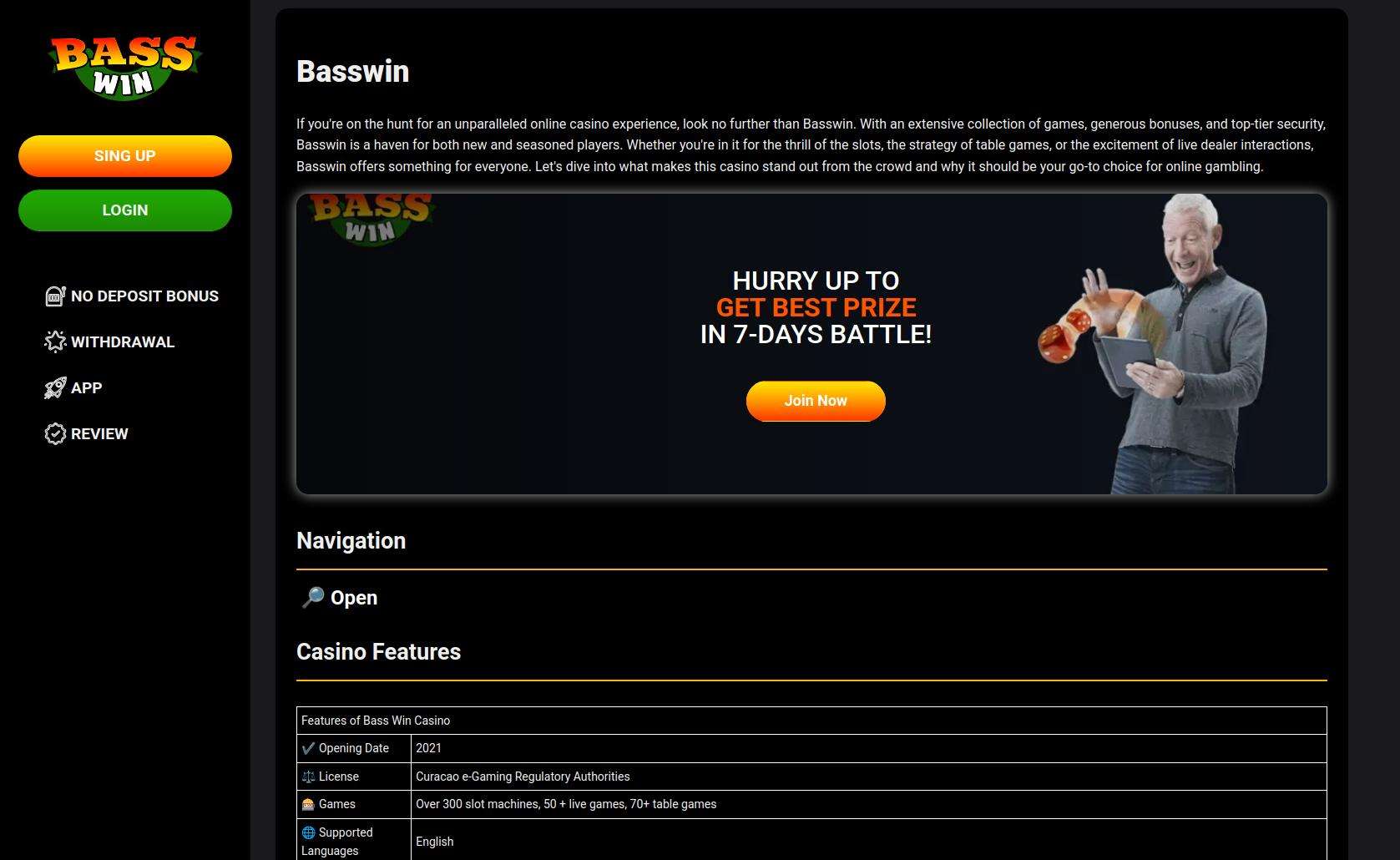 Screenshot of the Basswin app login screen and main lobby on a mobile device