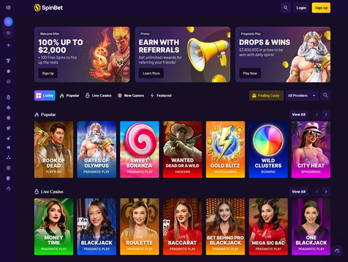 SpinBet Casino platform overview showing game lobby and features