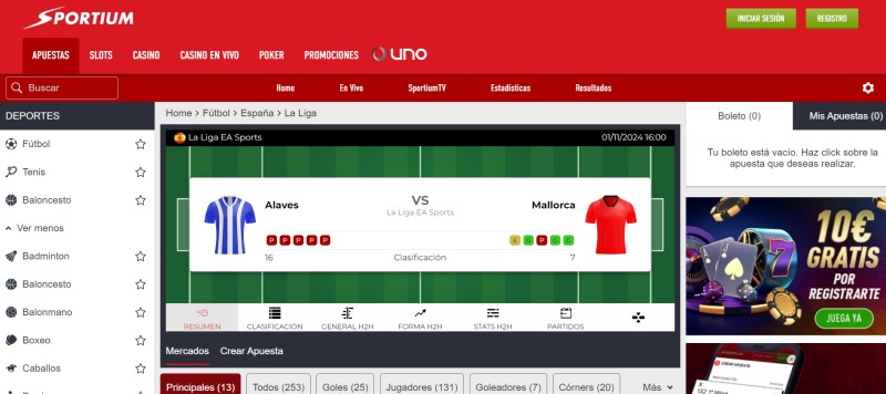 Interfaz de usuario de Sportium mostrando mercados de apuestas deportivas en vivo y casino