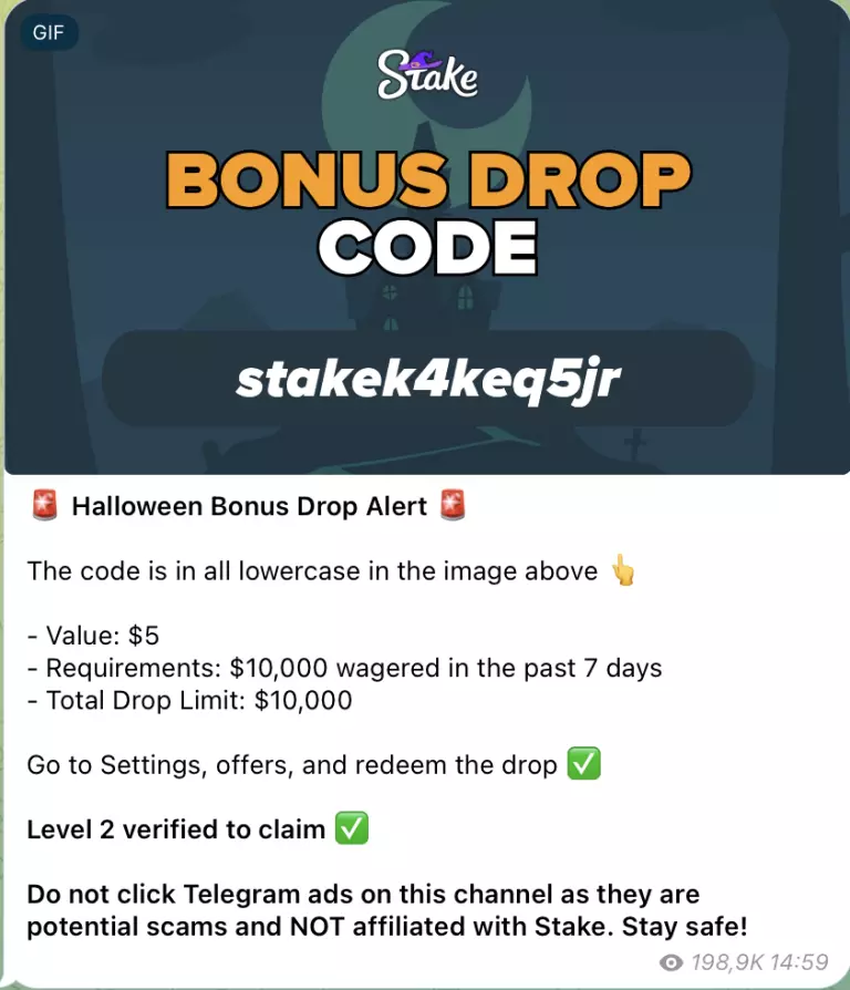 Interface des codes bonus et drops sur Stake