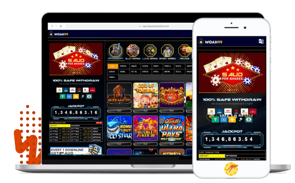 Woah99 Casino interface displayed on various mobile devices including smartphone and tablet