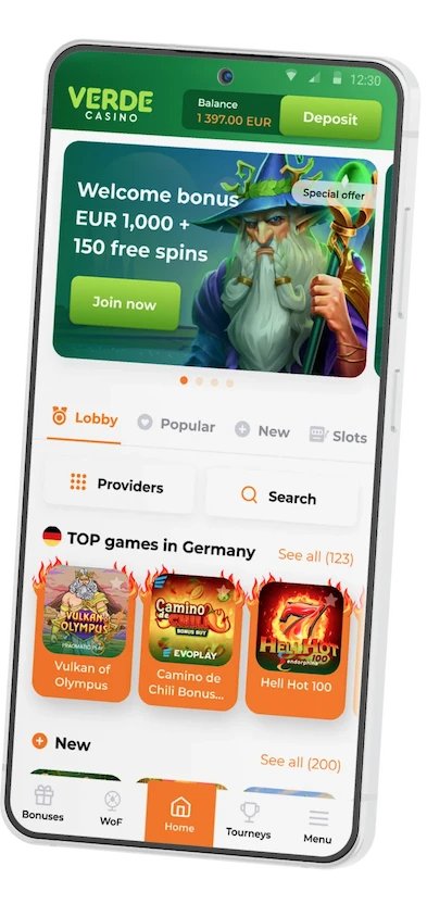 Schermata promozionale dell'app mobile VerdeCasino per dispositivi Android che mostra la lobby dei giochi