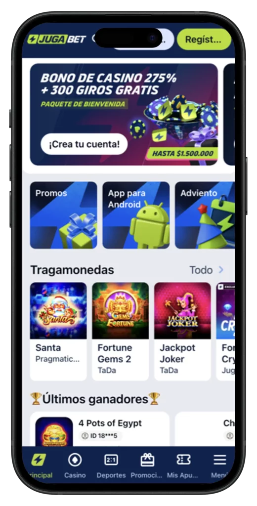 Captura de pantalla de la aplicación móvil de Jugabet Casino mostrando la interfaz de juego