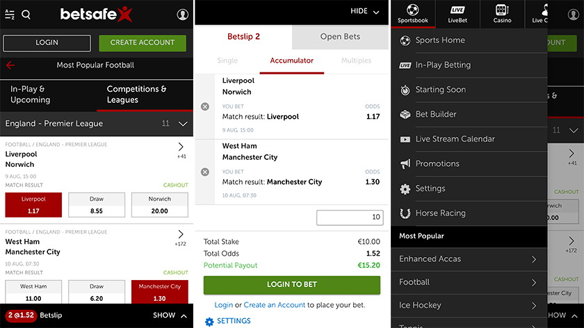 Interfejs aplikacji mobilnej Betsafe Casino pokazujący ekran logowania i wybór gier
