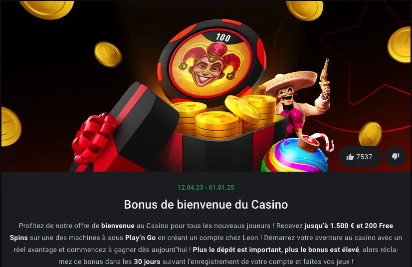 Bonus de bienvenue Leon Casino