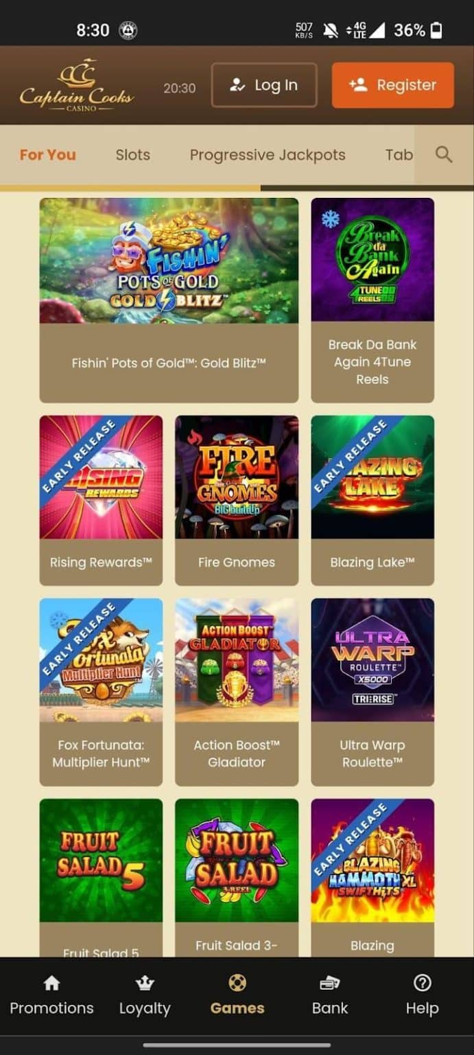 Screenshot der Captain Cooks Casino Benutzeroberfläche auf einem Mobilgerät, zeigt Spielauswahl und Navigation