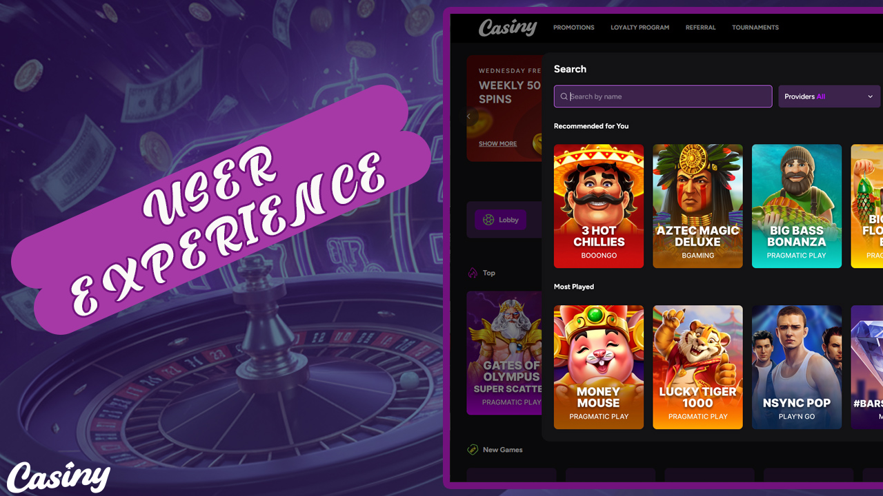 Casiny casino interface showing game lobby and login area