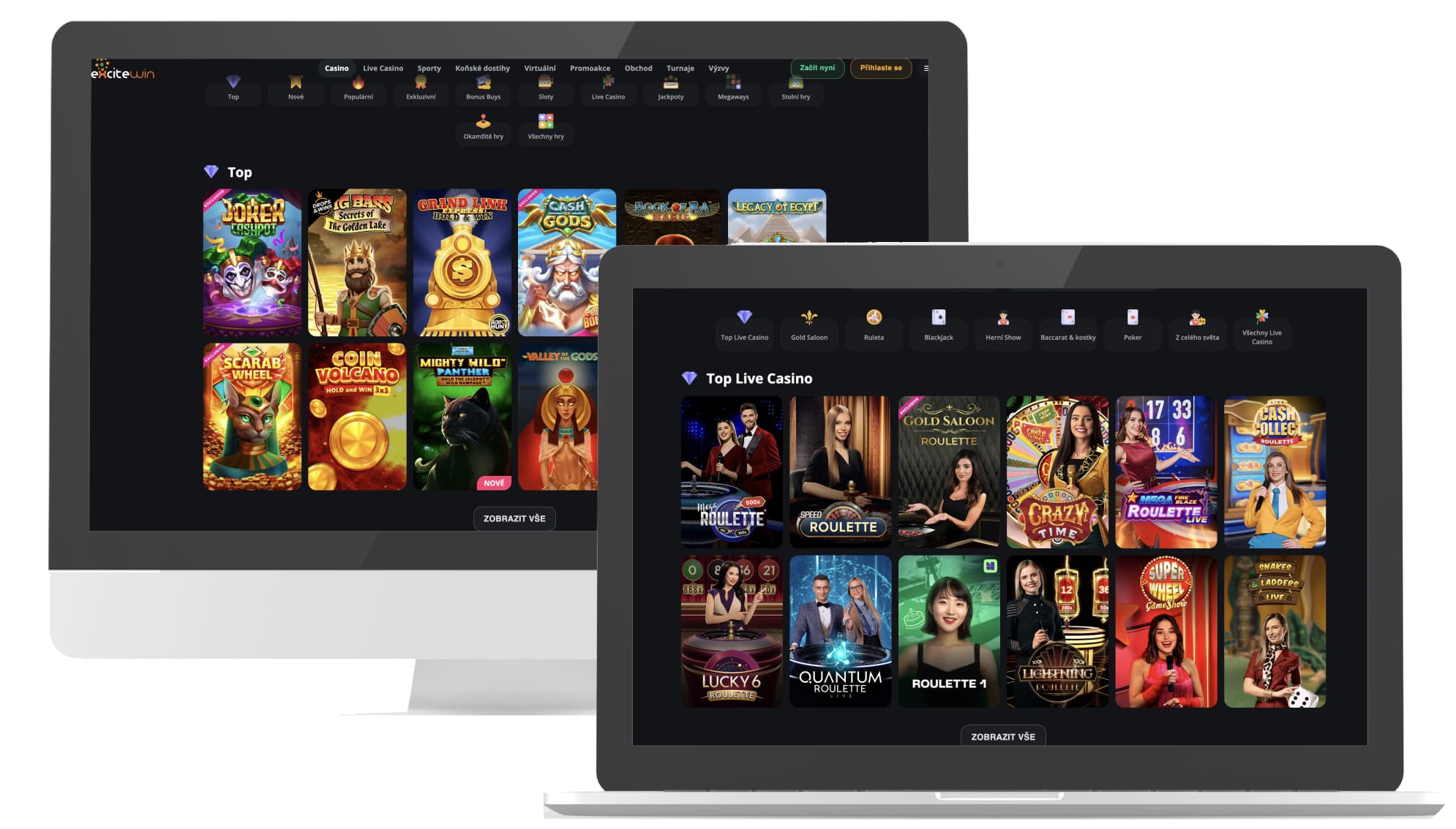 Excitewin Casino Oberfläche mit Slots und Live-Game-Tischen