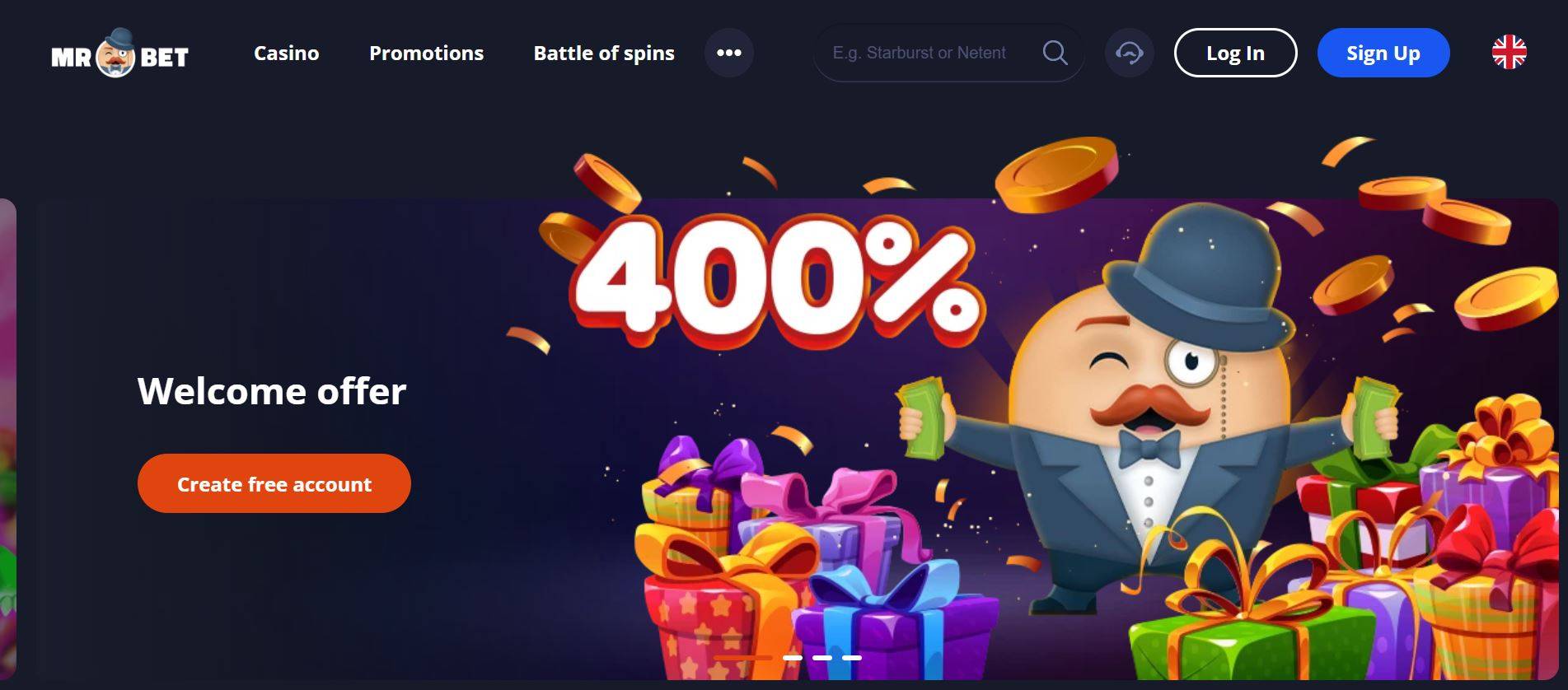 Strona główna kasyna Mr Bet pokazująca interfejs i promocje