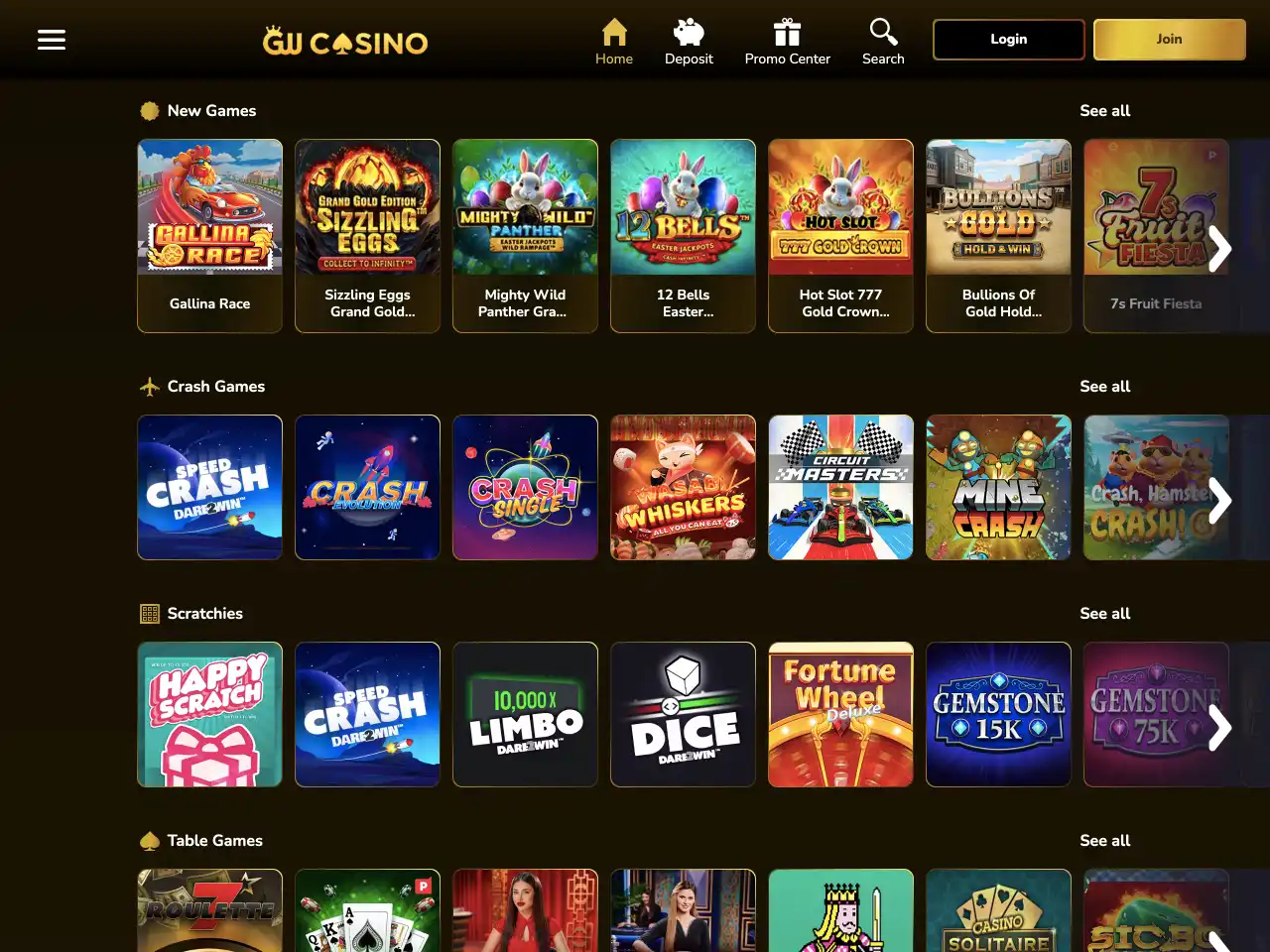 GW Casino game lobby interface showcasing slot machines and navigation menu