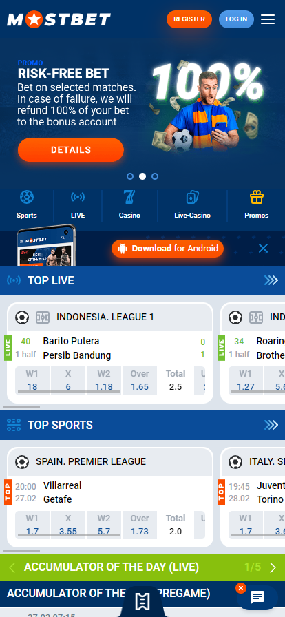 Screenshot van de Mostbet app homepage met spelaanbod