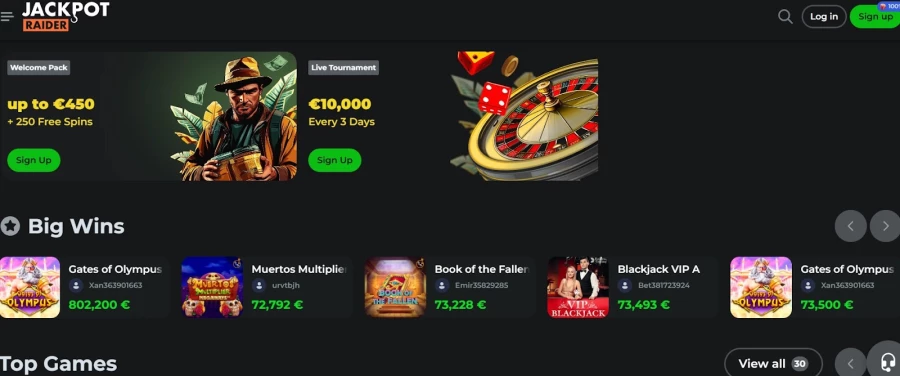 Interface of Jackpot Raider Casino showing game lobby