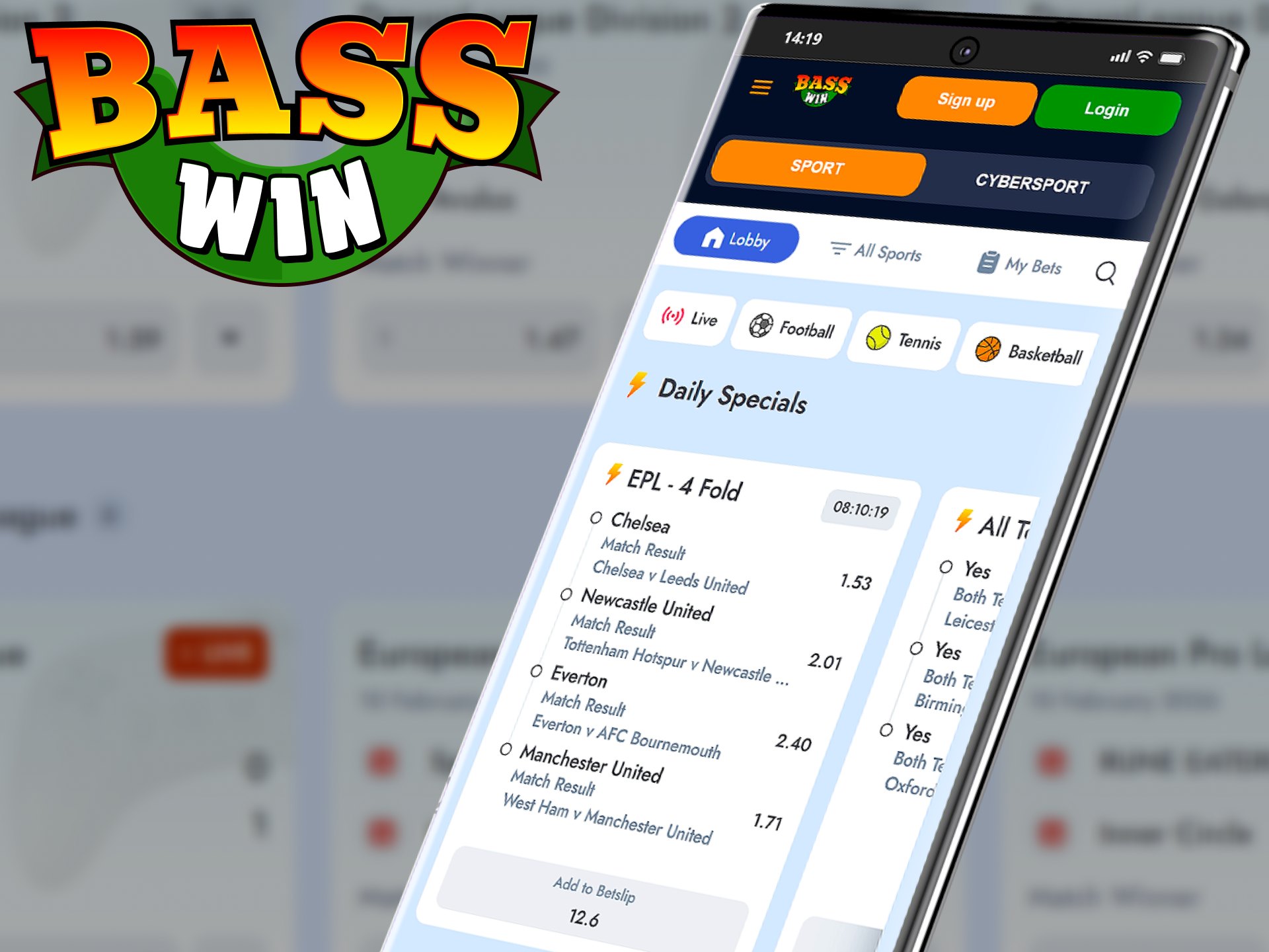 A user interface view of the BassWin mobile application on a smartphone, showing betting options.
