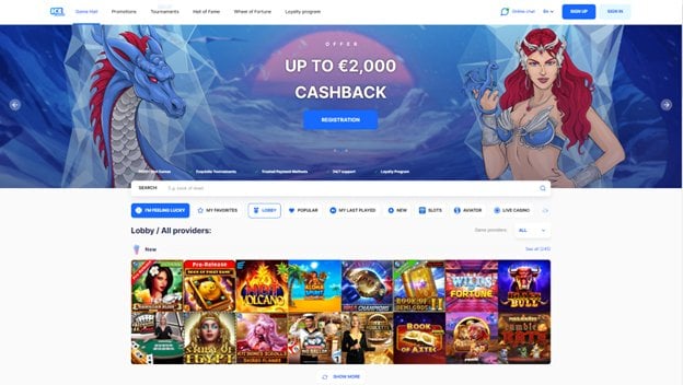 Interfejs kasyna Ice Casino pokazujący gry i oferty bonusowe