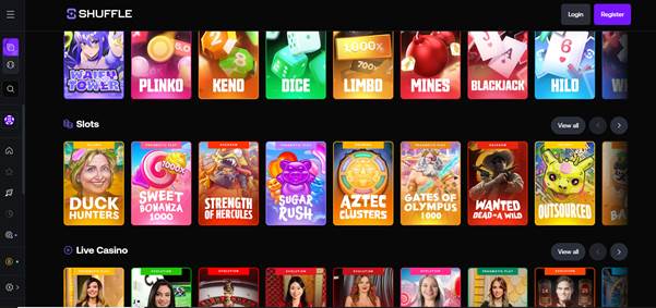 Interface de Shuffle Casino