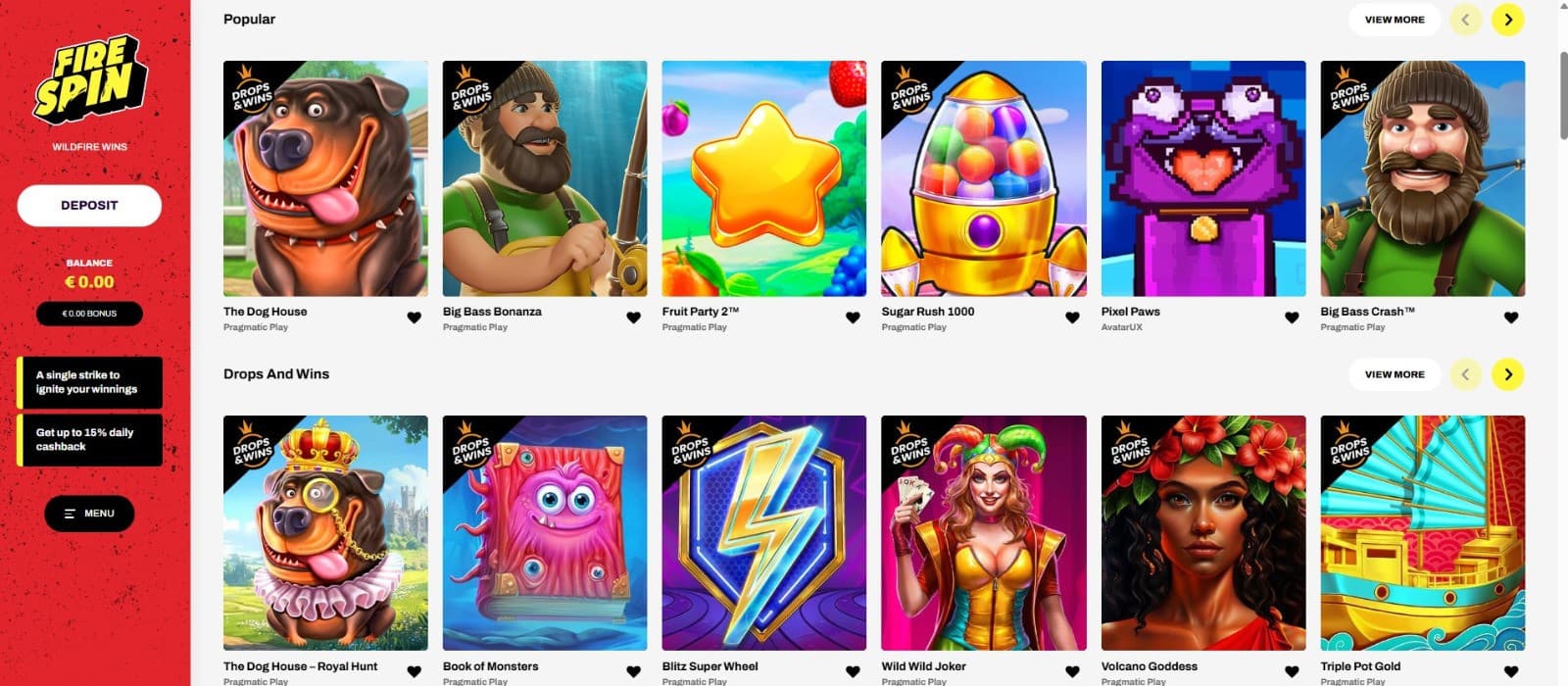 Interfejs główny kasyna Firespin