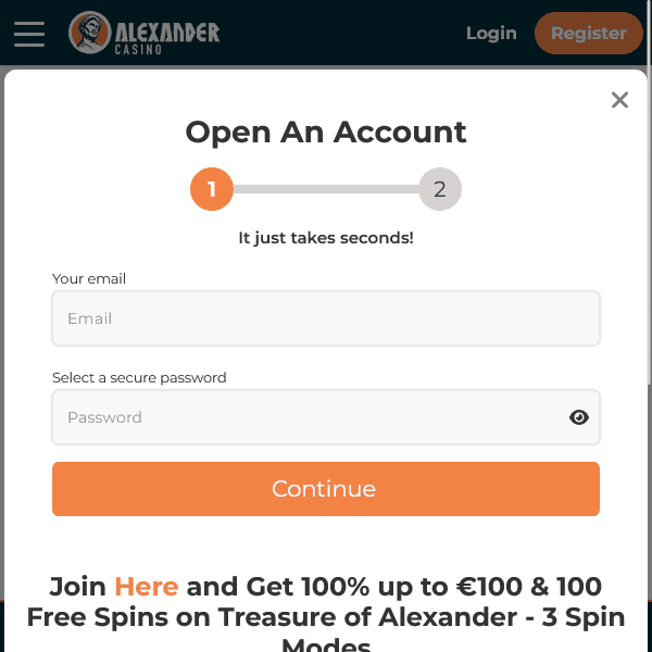 Capture d'écran du formulaire d'inscription Alexander Casino demandant nom, email, mot de passe et devise