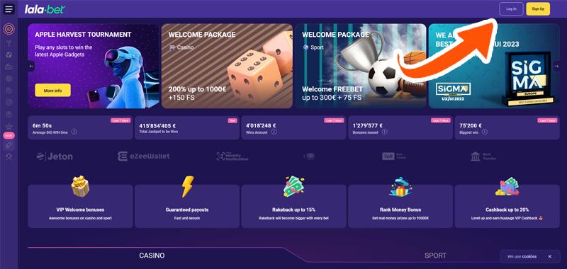 LalaBet login knop interface