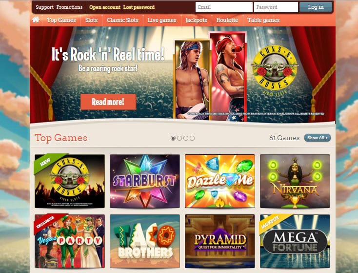 Schermata dell'interfaccia Leovegas che mostra slot machine e giochi live