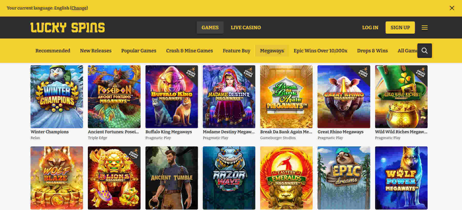 Skjermbilde av Lucky Spins casino med populære Megaways-spill