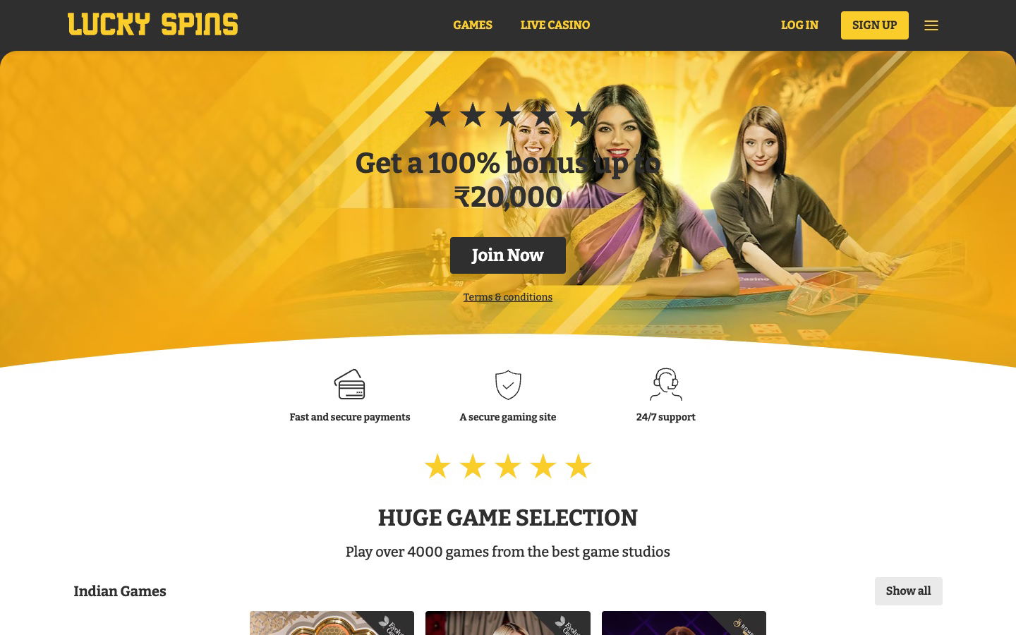 Skjermbilde av Lucky spins casino spillflate med utvalg av spilleautomater