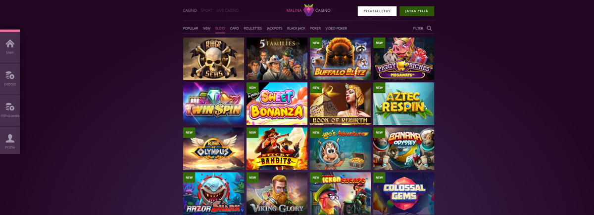 Interfaz de juego y acceso de Malina Casino mostrando tragamonedas
