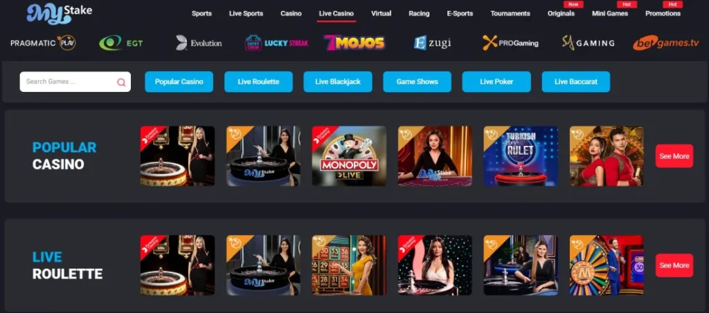 Mystake Casino Live Games Interface