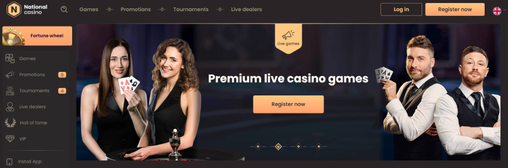 National Casino website interface showing games and promotions