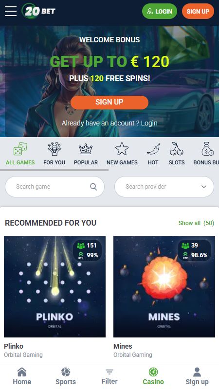 Sekcja kasyna online w aplikacji 20bet