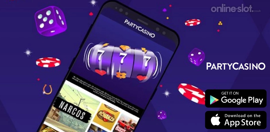 Party Casino mobilalkalmazás képernyőképe egy okostelefonon, megjelenítve a nyitóképernyőt és népszerű nyerőgépeket