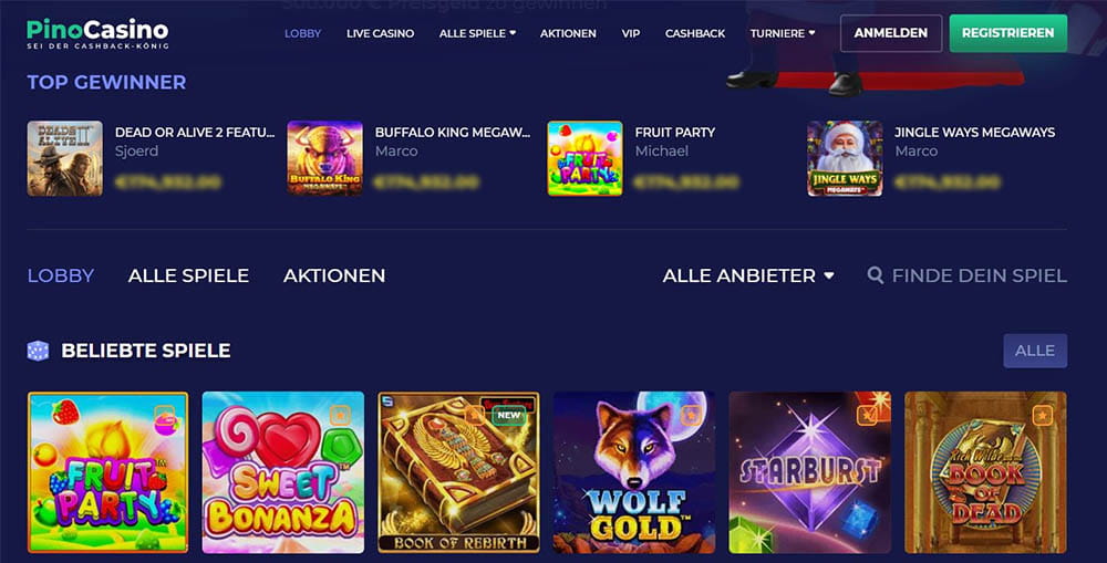 Pinocasino startscherm op mobiel